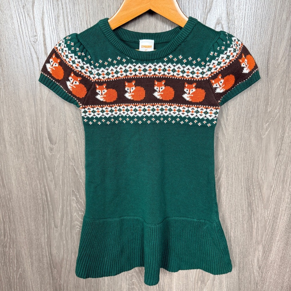 Gymboree Sweater Dress Grl 2T Green Fox Fairisle Cottagecore Woodland Cabincore
